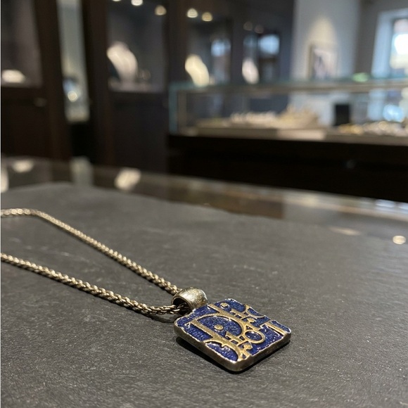 Christian Dior Blue Trotter Reversible Crystal & Logo Pendant Necklace